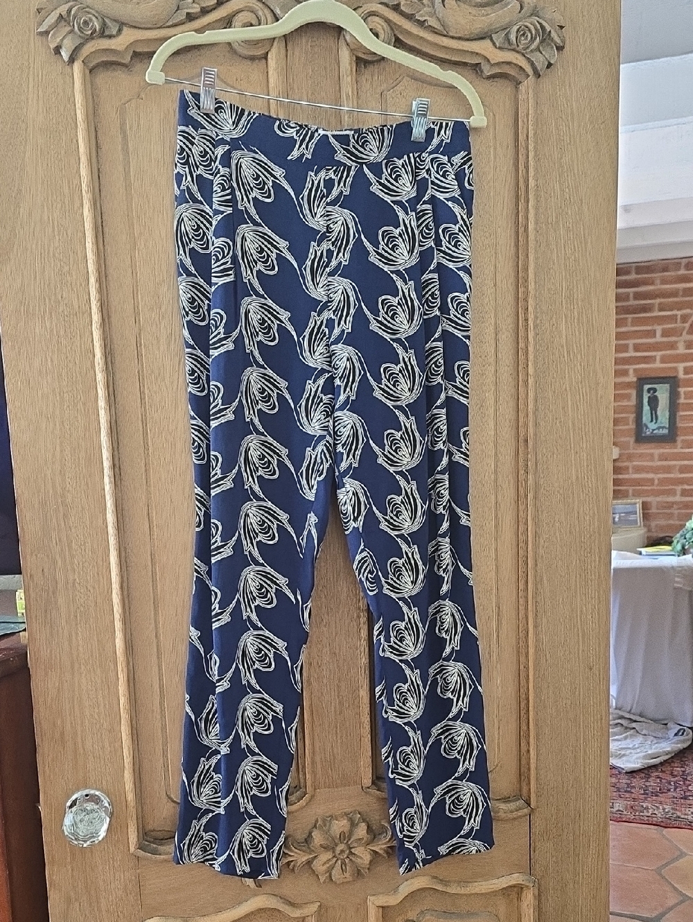 10 Crosby Derek Lam Navy and Cream Printed Silk Pants